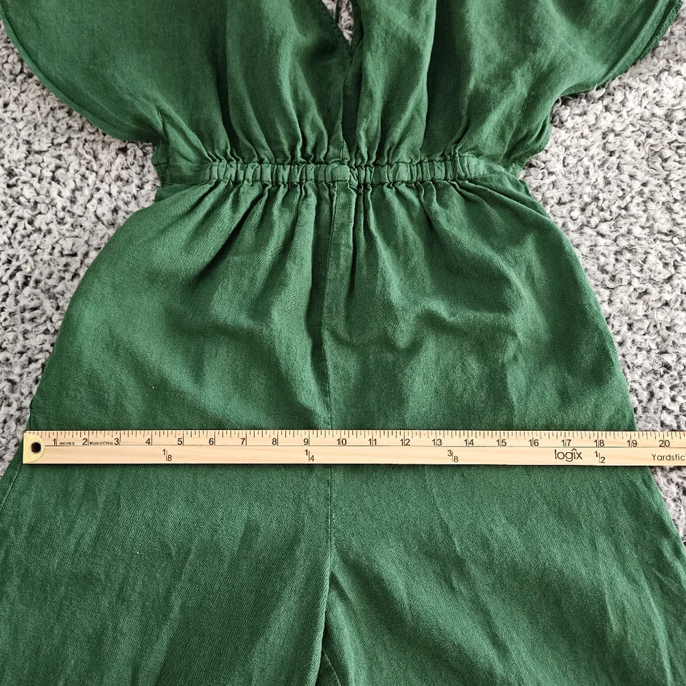 Zara Green Jumpsuit XS Rustic Linen Blend Wide Leg V-Neck Tie Back Short Sleeve